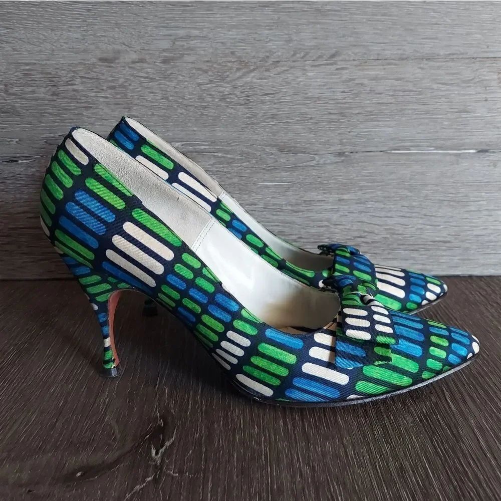 Vintage 1950's Herbert Levine Blue, Green & White Bow Pointy Pumps 7.5AA